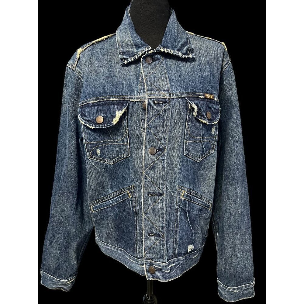 Hollister Distressed Denim Jacket UNISEX LARGE Button Closures RUSTIC VINTAGE